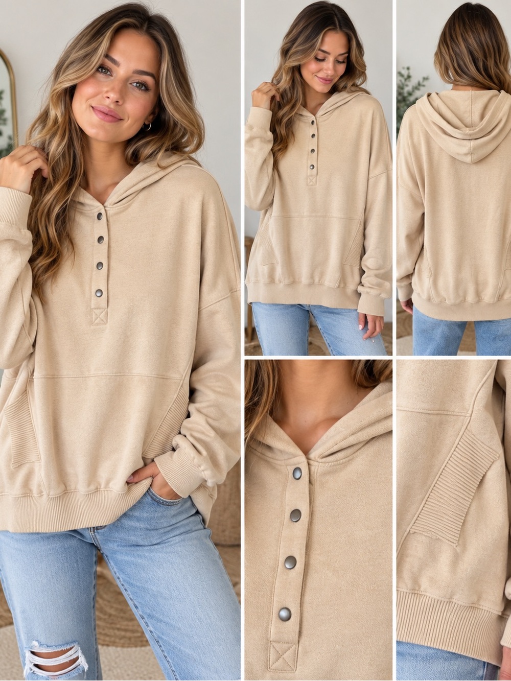 AEMI + CO Beige Oversized Snap Front Hoodie Pullover Small NWT